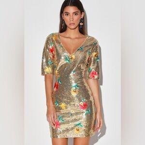 Let It Shine Gold Floral Embroidered Sequin Bodycon Dress Size Medium